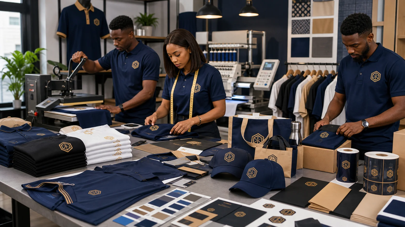 Illustrative customized apparel, bags, caps, labels, and product branding materials